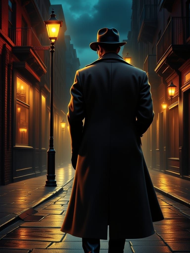 Film Noir Detective on Rainy Night Street