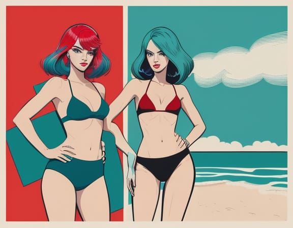 Pop Art Beach Scene with Two Women in Teal Hair