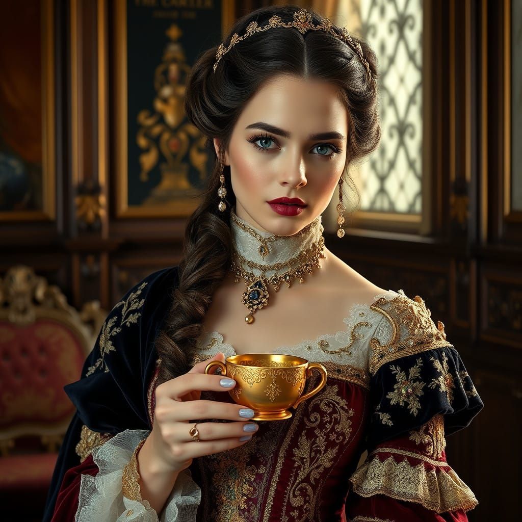 A very beautiful woman queen with sapphire blue eyes, in a m...