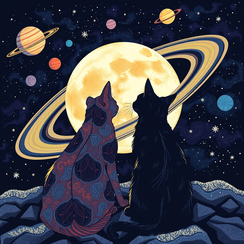 Noir Cats Observe Celestial Wonders in a Cosmic, Abstract Ar...