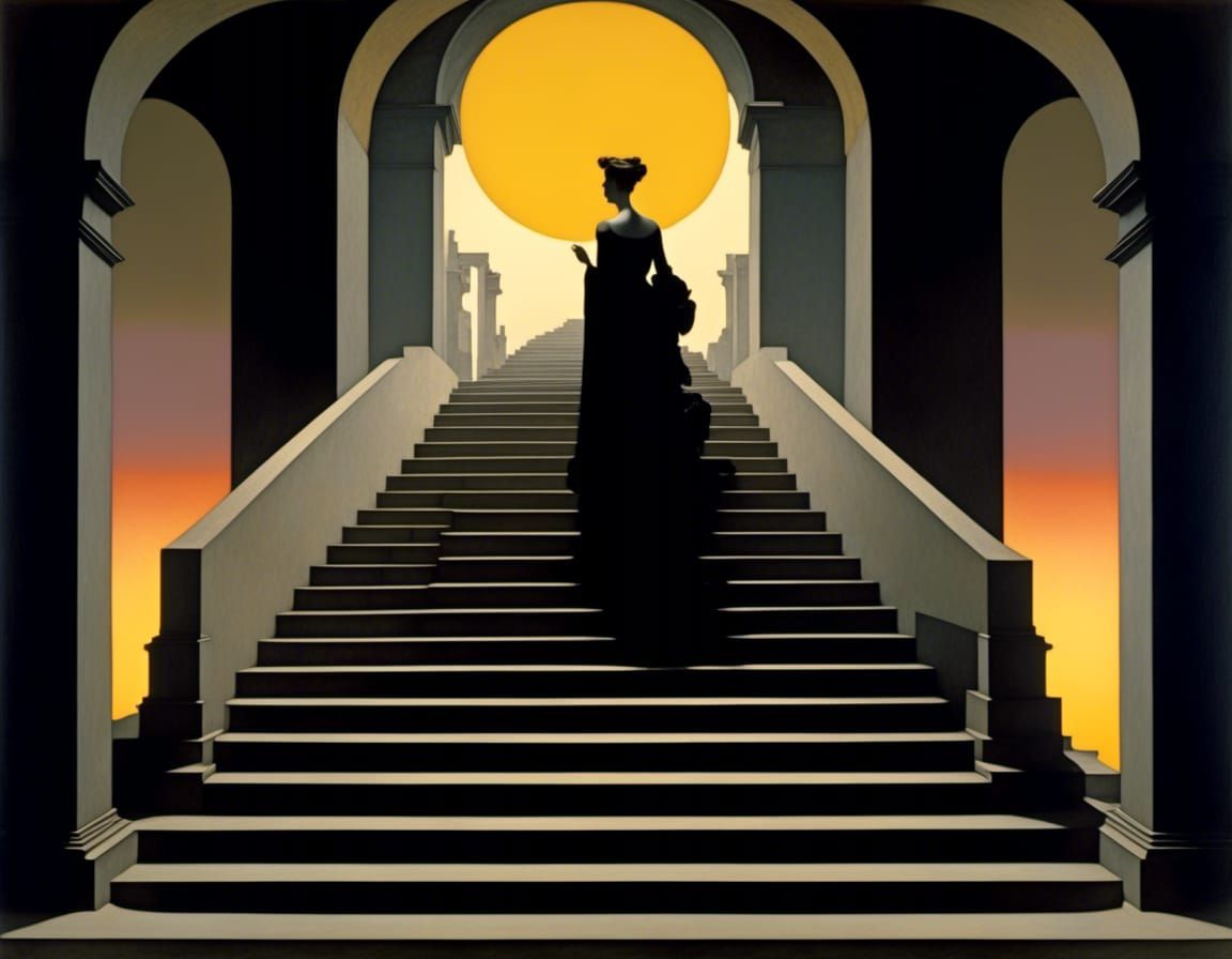 Surreal Dystopian Stairway with Dancing Woman