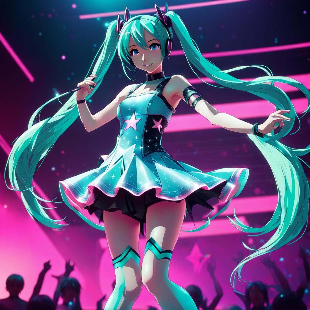 Hatsune Miku Dancing on Stage in Neon Synthwave Style