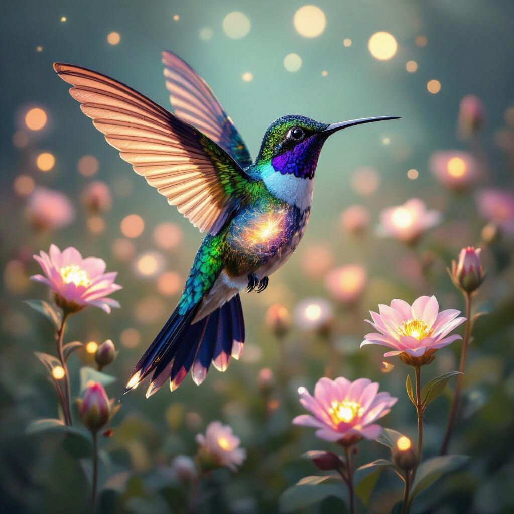 Stained Glass Hummingbird Over Bioluminescent Flowers