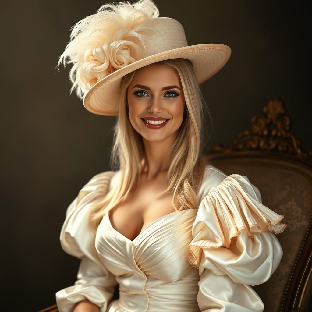 Blonde Woman in Elegant 18th-Century Attire with Plumed Hat