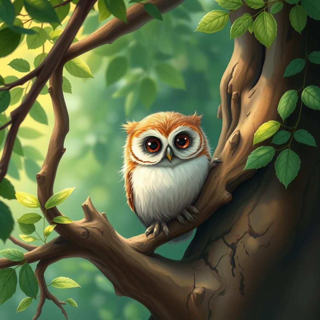 Miniature Owl in Enchanted Forest Illustration