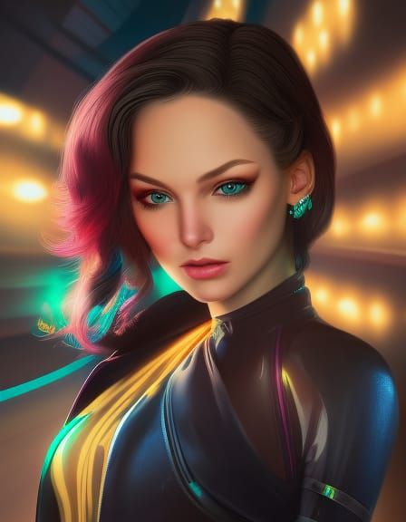 Woman with Rainbow Hair in Cyberpunk Digital Art