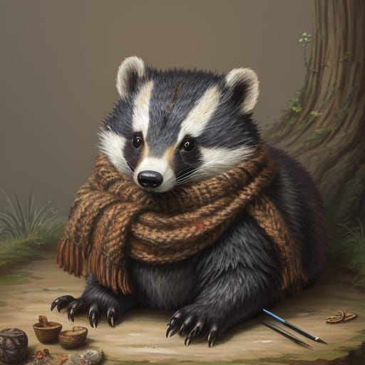 Whimsical Badger Knitting in Cozy Burrow Digital Painting