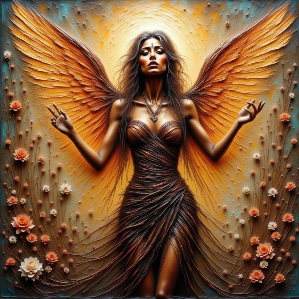 Abstract Angel Painting With Majestic Wings and Botanicals