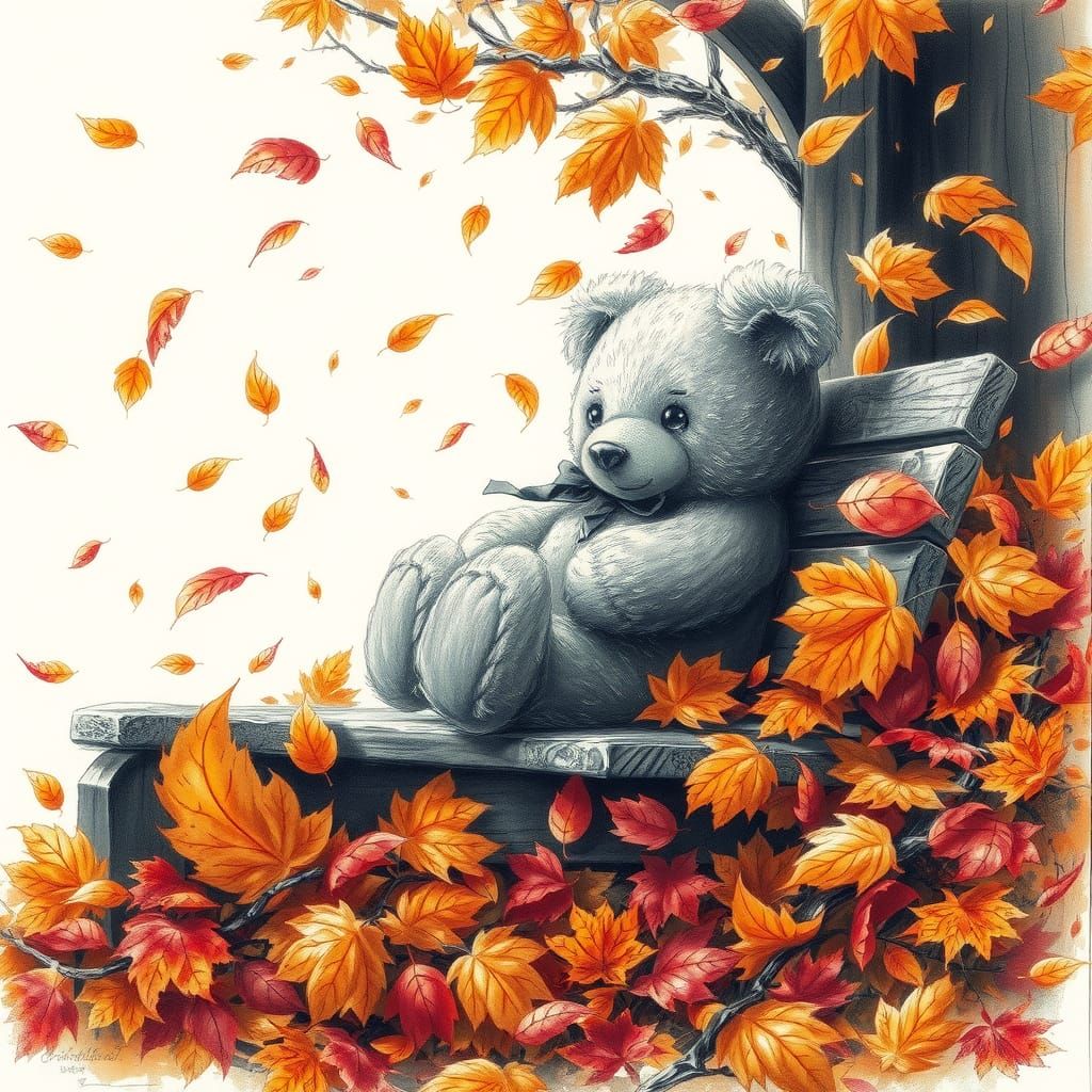 Autumn Teddy Bear Sketch in Renaissance Sfumato Style