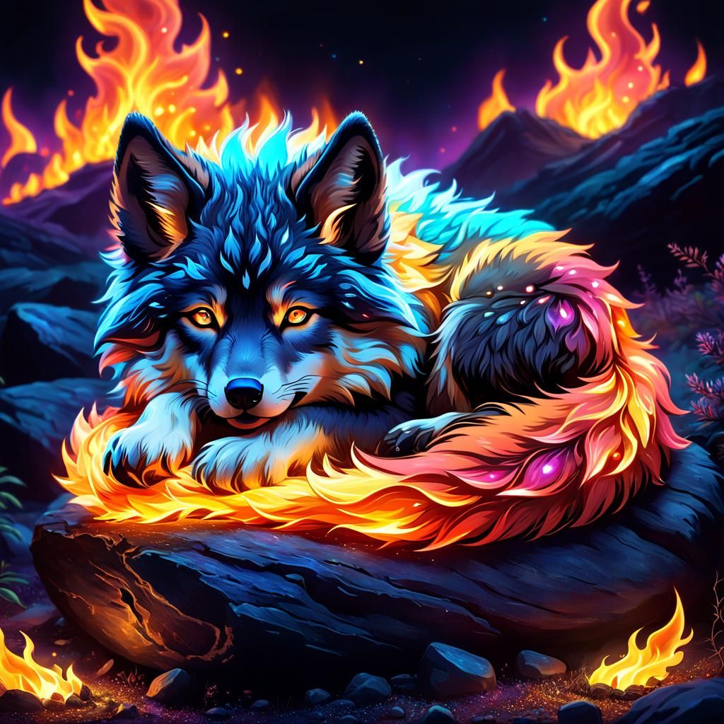 Cute Fire Wolf Pup Napping in Scorched Landscape