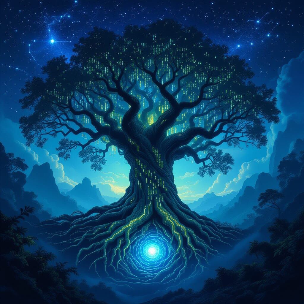 Ancient Digital Tree in Swirling Binary Vortex