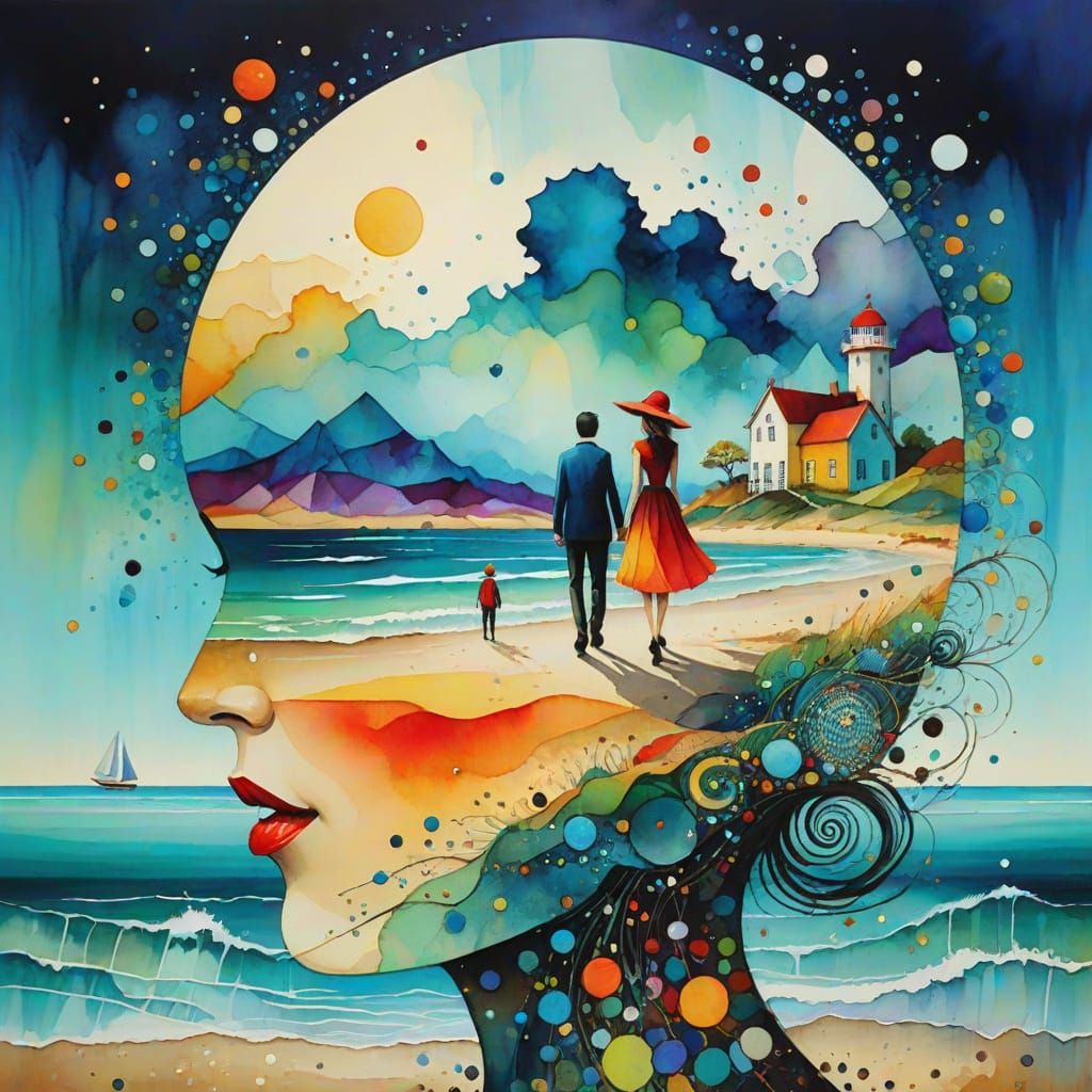 Magical Seaside Encounter in Vibrant Cubist Style