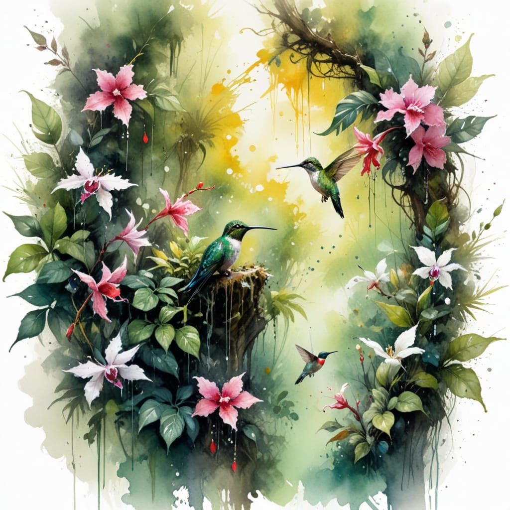 Hummingbird in Monsoon Rainforest Canopy: Watercolour Art