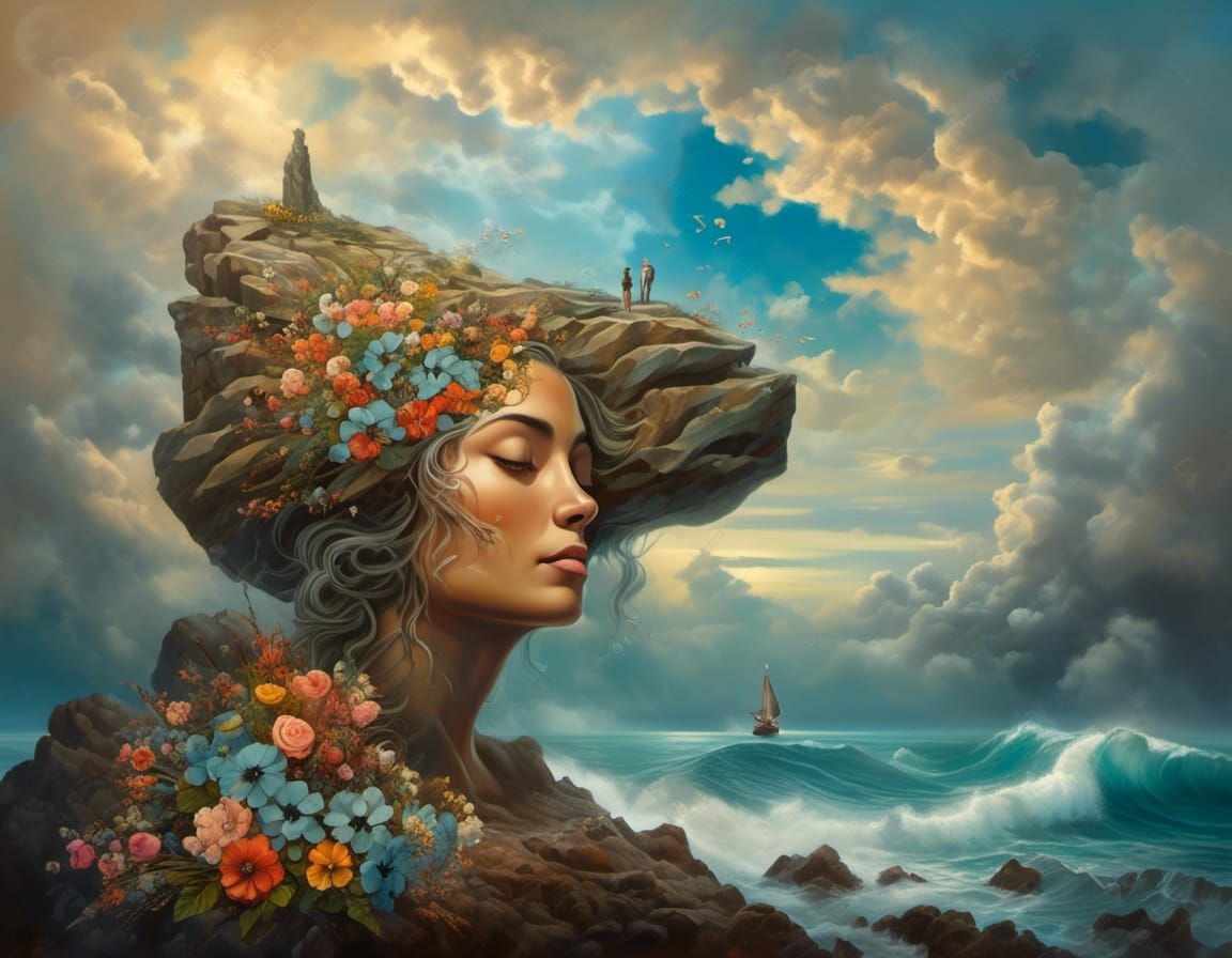 Rock Woman in Twilight Seascape: Surreal Oil Painting