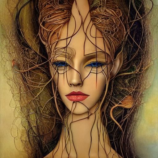 Surreal Nymph with Zebra Face Tattoos in Bauhaus Style