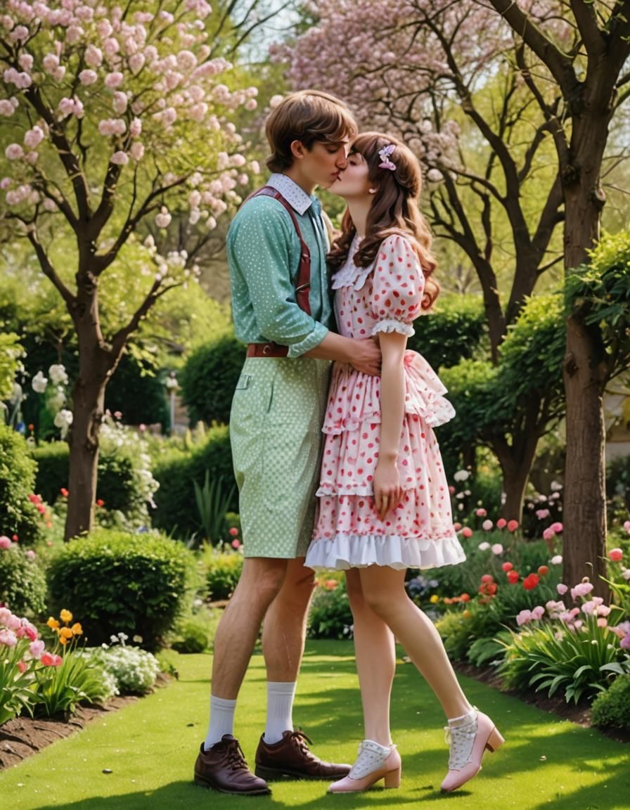 Young Girl Kisses Boy in Easter Dress in Garden