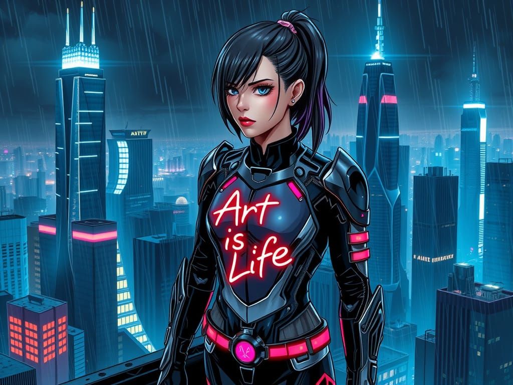 Cyberpunk Goddess Defies Dark Dystopian City