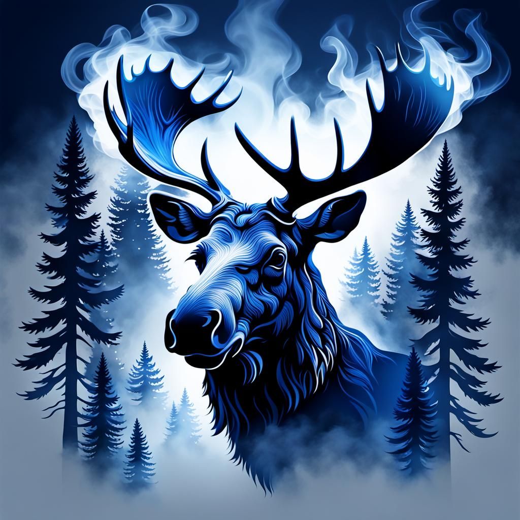 Smoky Moose Silhouette in Dark Blue and White