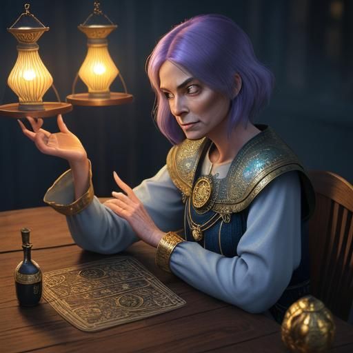 Lady with Libra Scales and Tarot Cards in Pixar Style