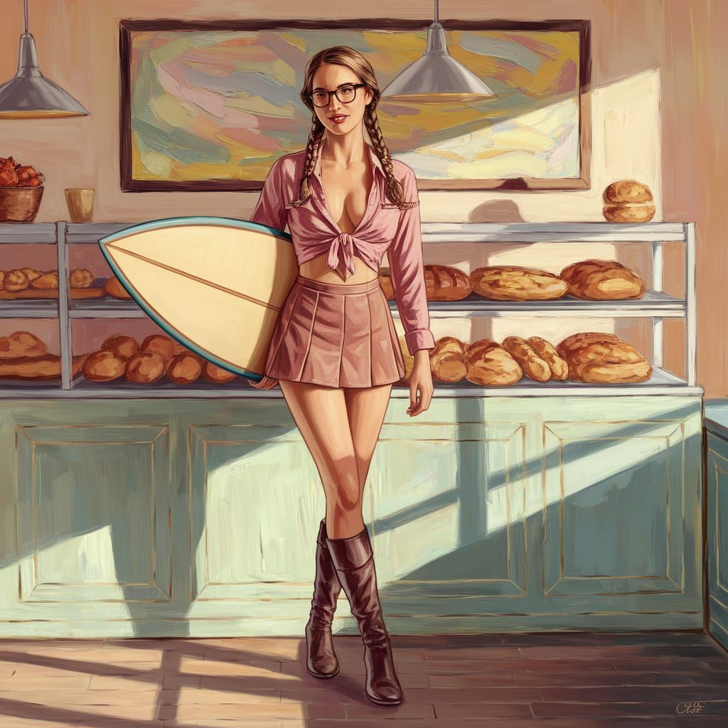 In a bakery with a surfboard