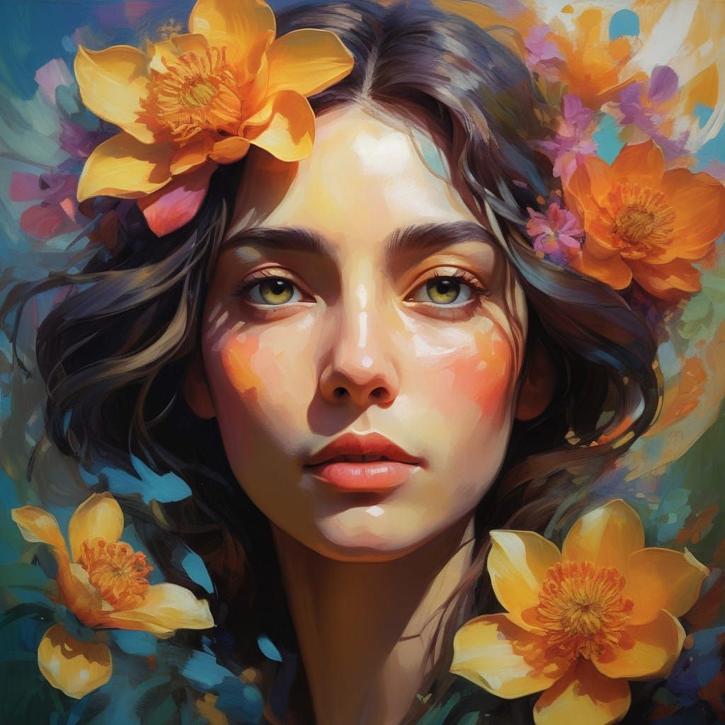 Woman in Warm Light Amidst Vibrant Floral Background