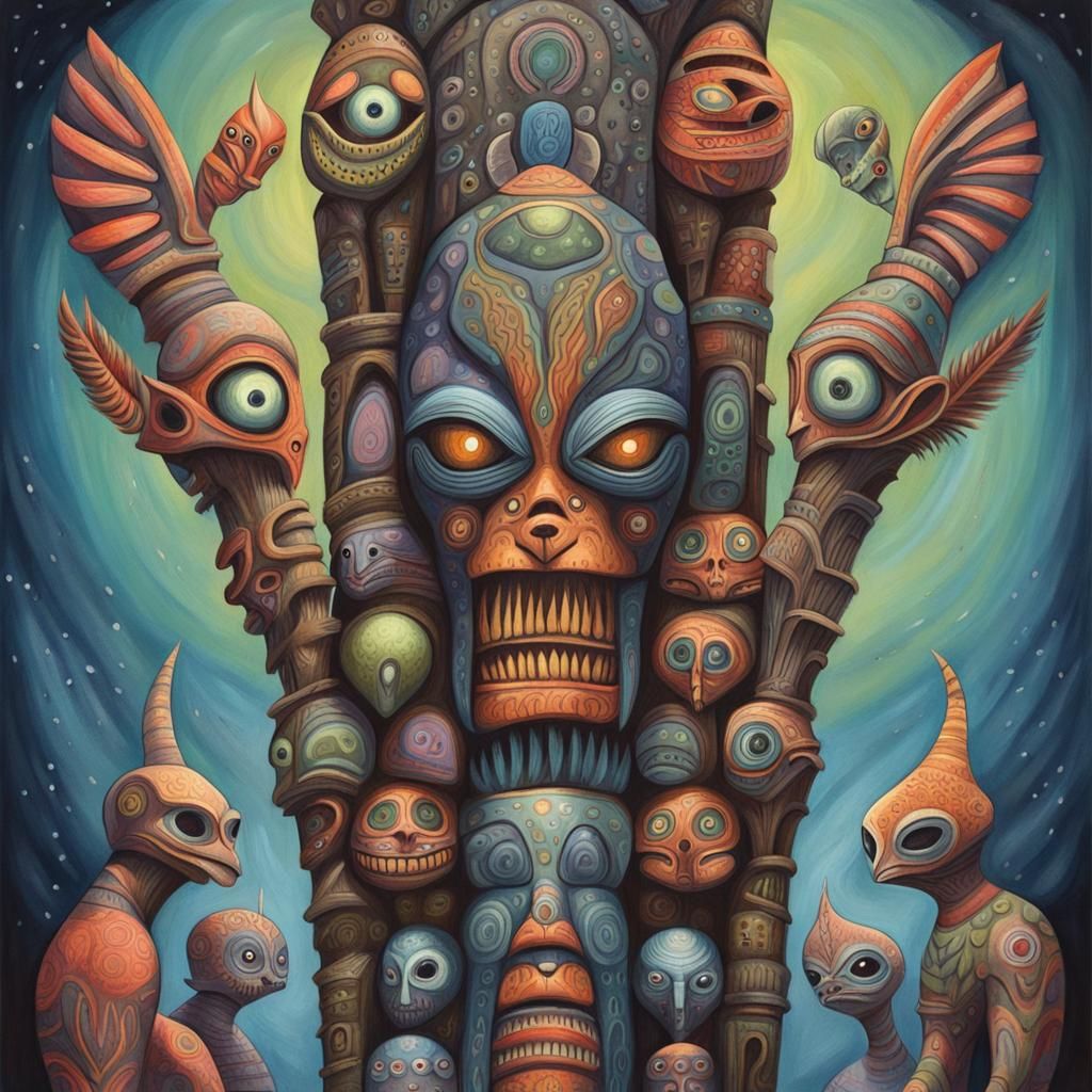 Alien Creatures Totem Pole in Gouache Style