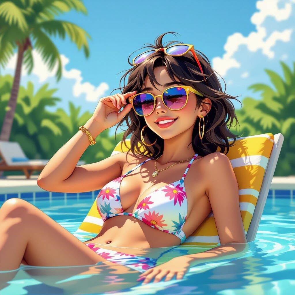 Sora Lounging Poolside in Summer Illustration Style