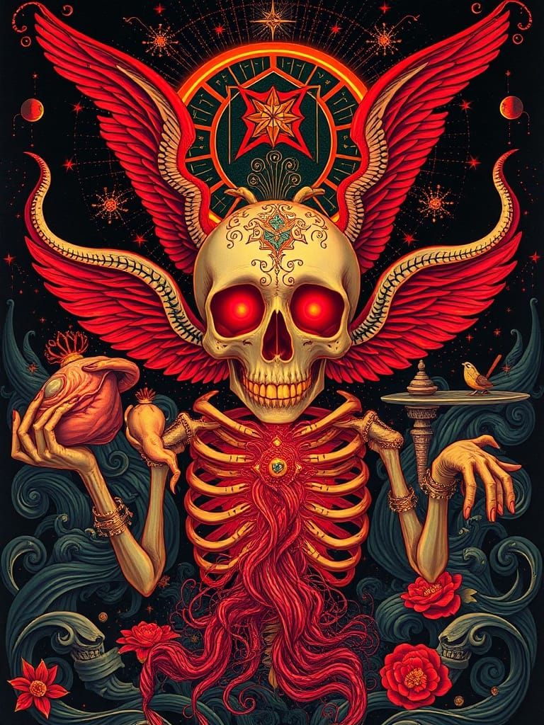 Gothic Romance Skull Art in Maximalist Psychedelic Style