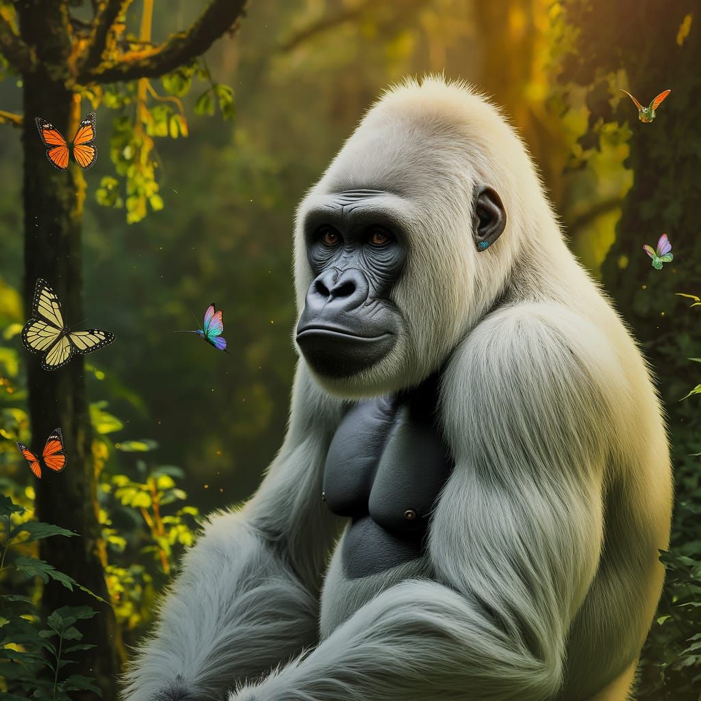 Majestic White Gorilla in Lush Forest Scene with Butterflies...