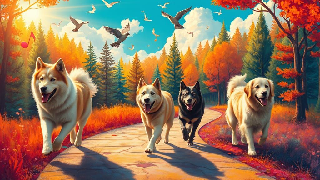 Dogs in Whimsical Forest Dreamscape with Swirling Musical No...