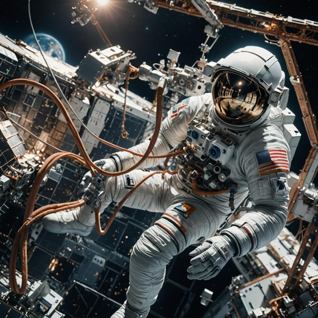 Astronaut Repairing Satellite in Outer Space