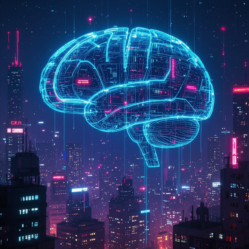 Futuristic AI Brain Over Cyberpunk City