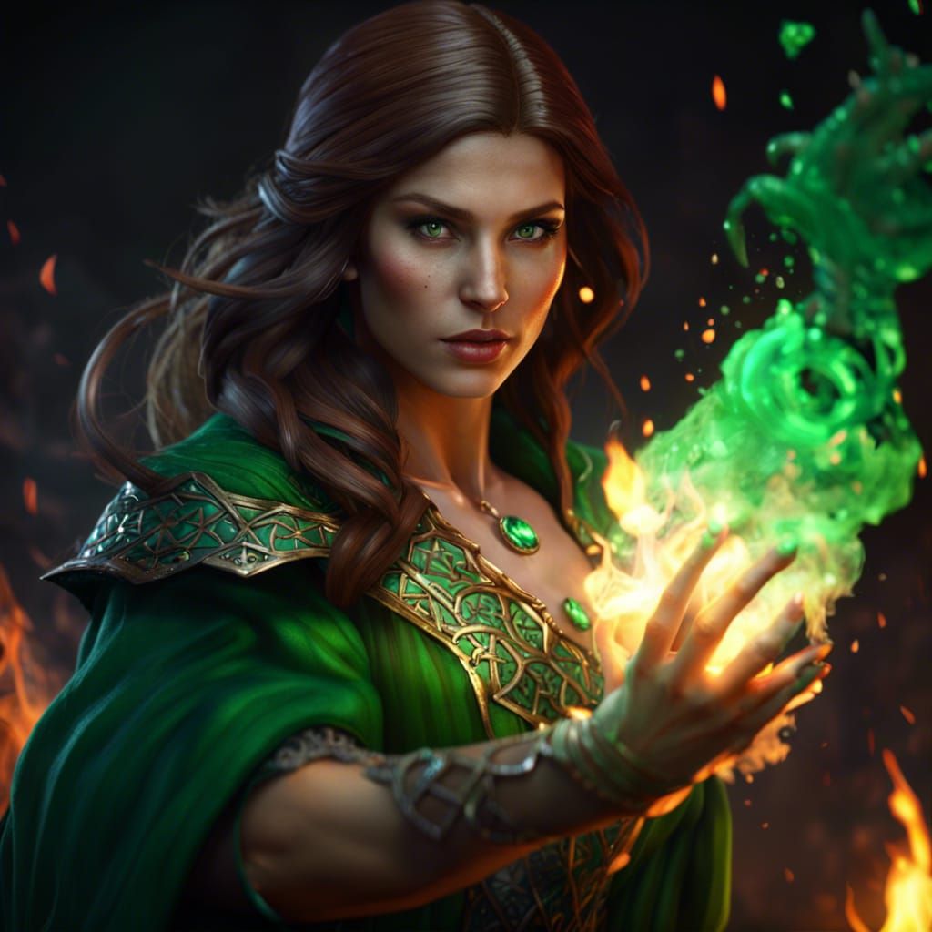 Sorceress Casting Fire and Ice Magic, Detailed Digital Art