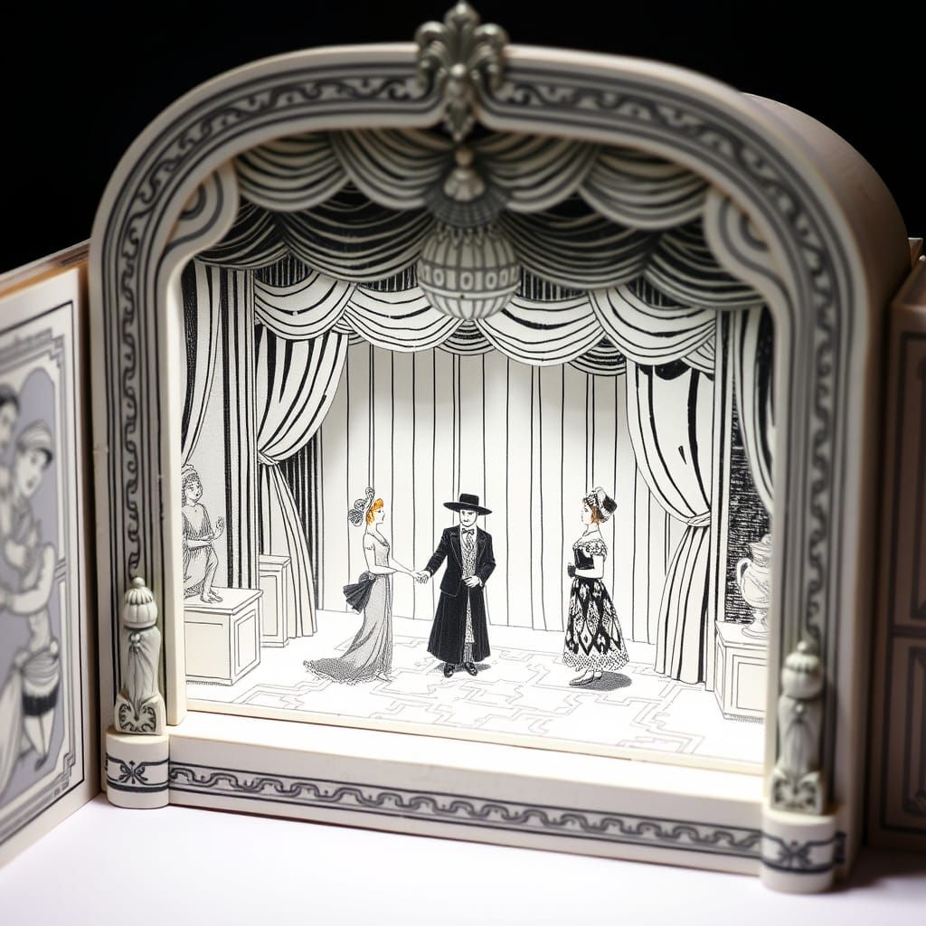 Miniature Toy Stage With 1920s Actors In Opulent Costumes