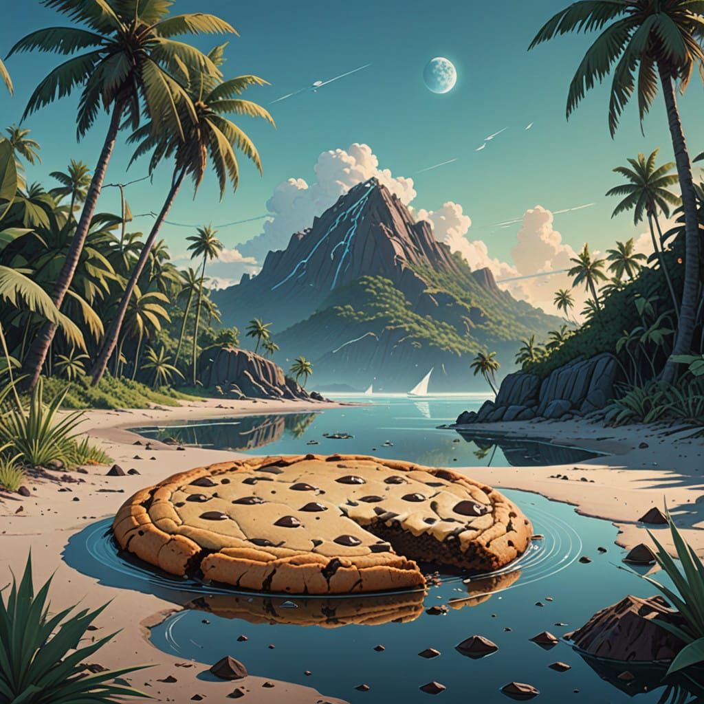 Gigantic Golden-Brown Cookie on Tropical Island in Whimsical...