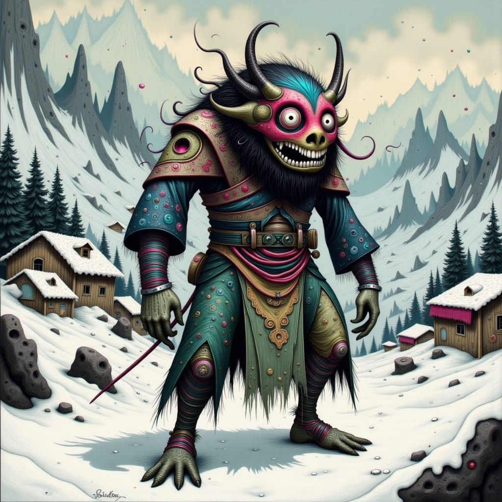 Namahage in Snowy Village, in Ukiyo-e Style