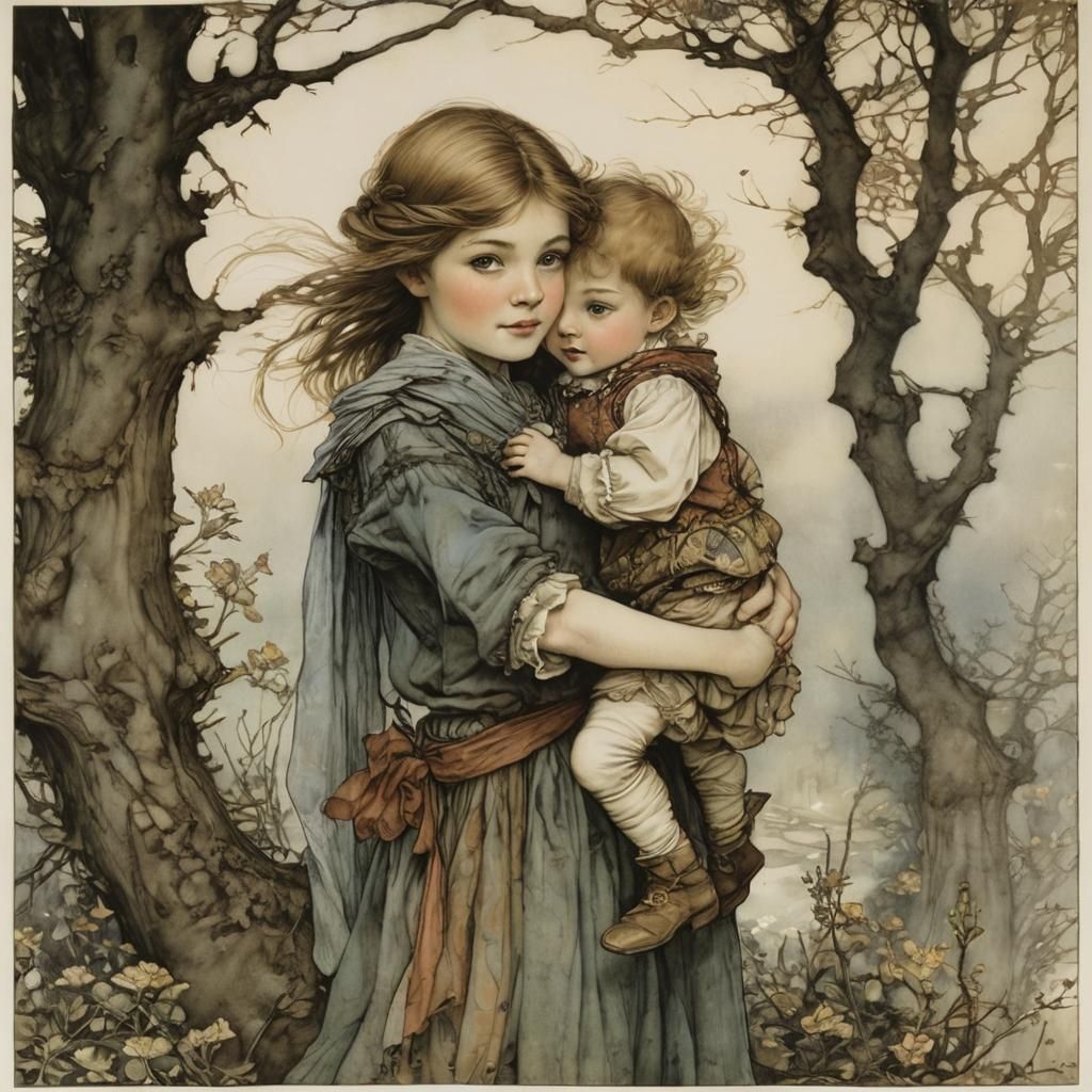 Sister Protects Brother in Whimsical Fairy Tale Art