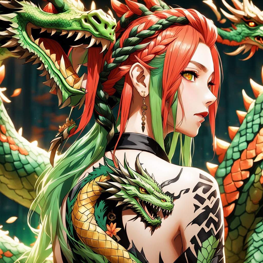 Anime Girl with Dragon Tattoo: Hyperrealistic 3D Art