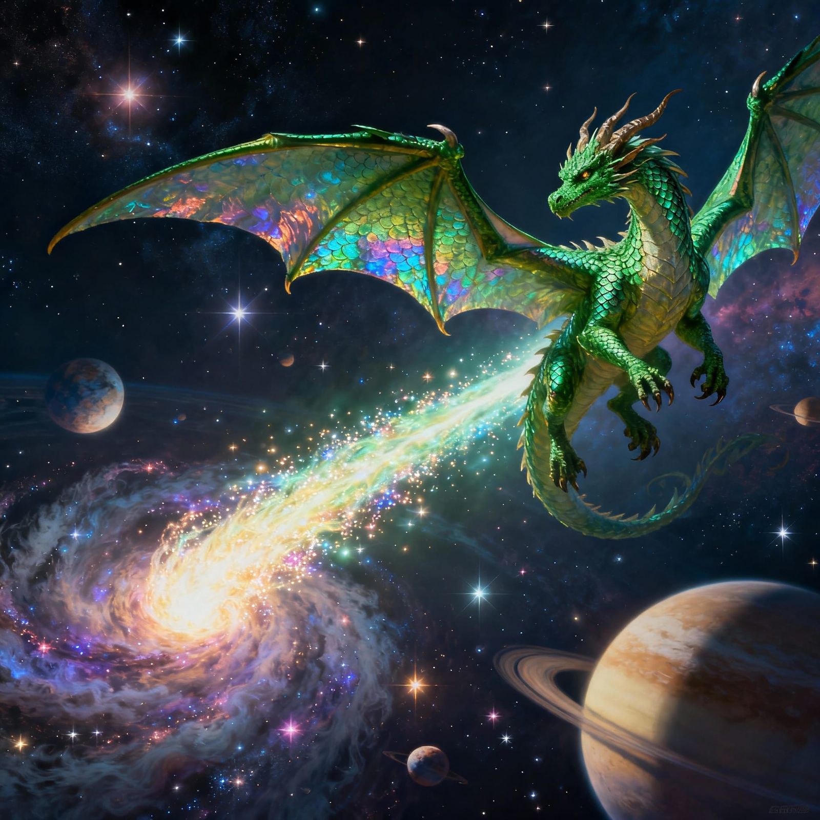 Emerald Dragon Soars Through Solar System in Digital Matte P...