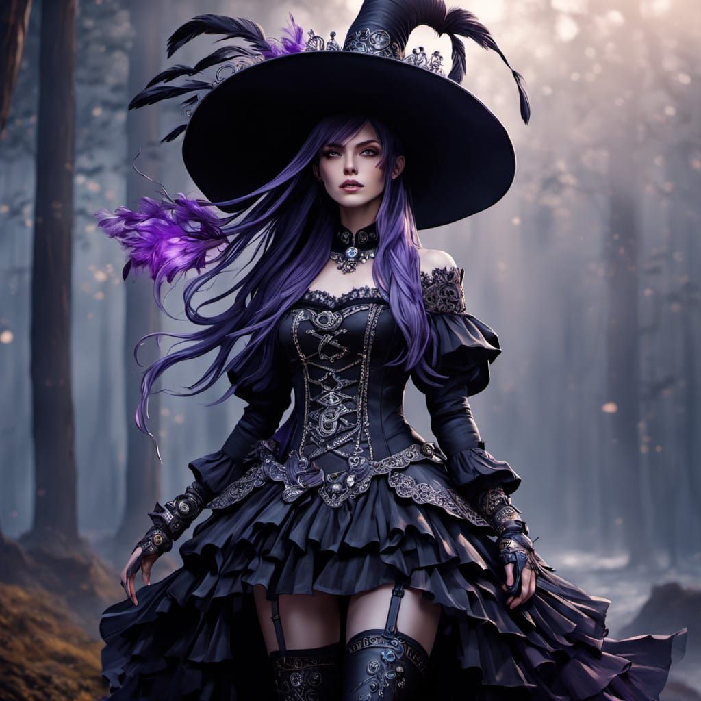 Mystical Witch in Victorian-Inspired Attire Amidst Smokey At...