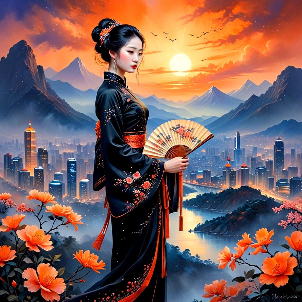 Elegant Chinese Woman in Traditional Attire, Amidst Futurist...