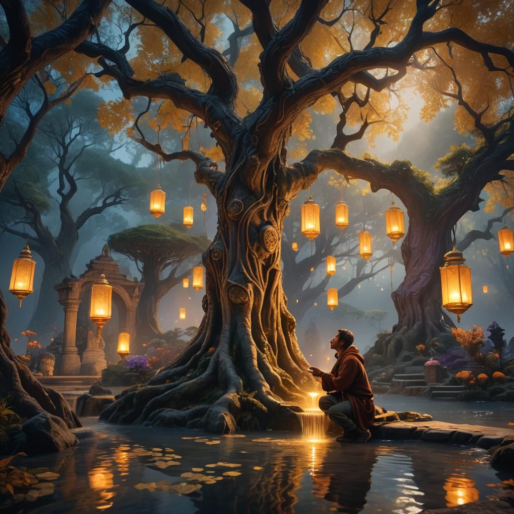 Mystical Fountain in Ancient Forest, Fantasy Art