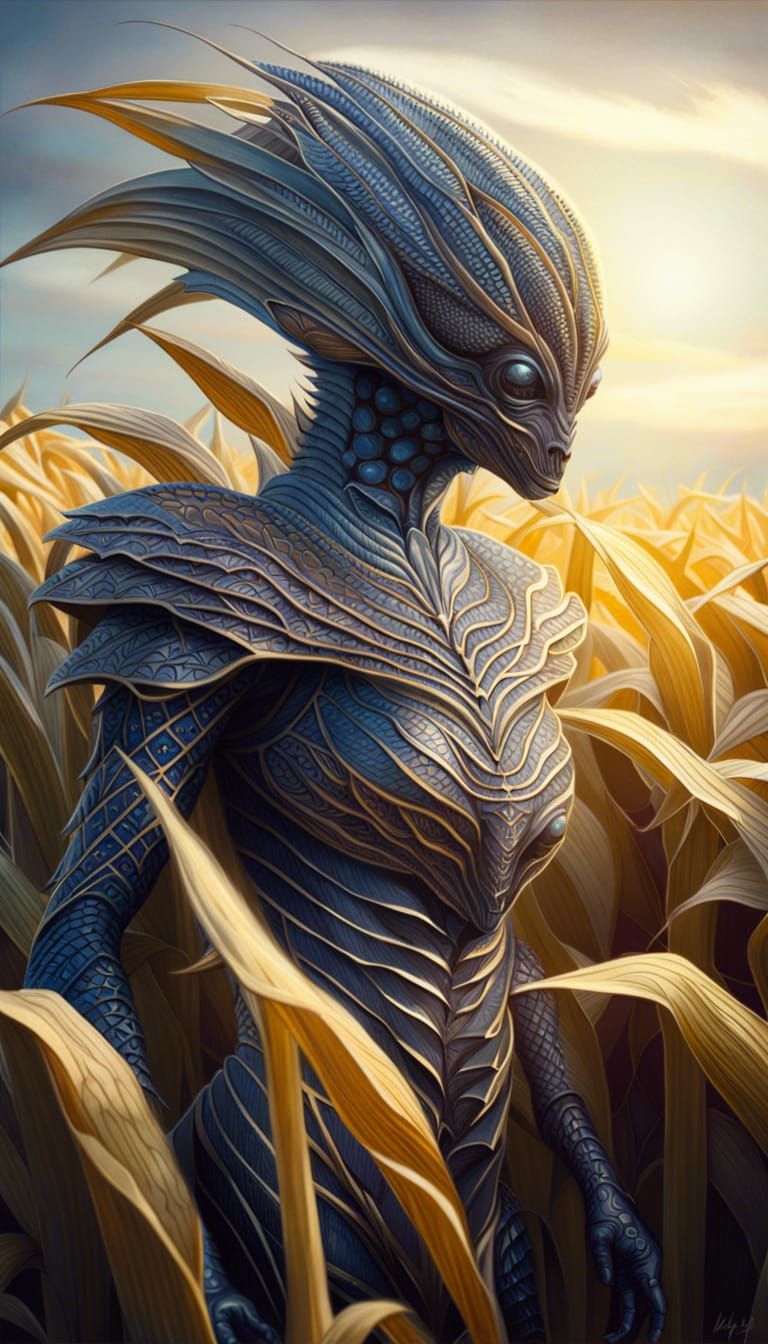 Ornate Alien Creature in Corn Field: Detailed Illustration