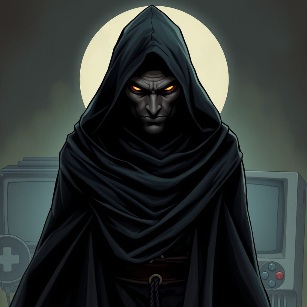 Mysterious Hooded Magician in a Retro Gaming Landscape
