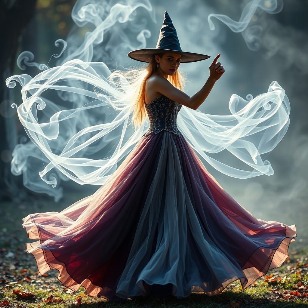 Witch and Ghost Wizard Dancing Amidst Swirling Potions