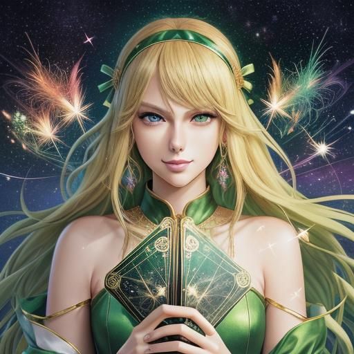 Anime Tarot Reader in Sparkling Green and Gold