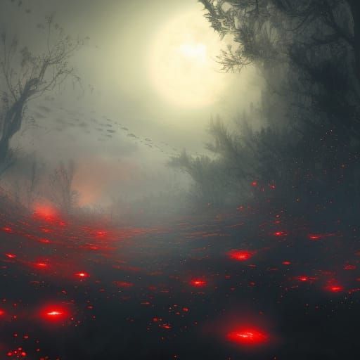 Red Fireflies and Sad Sun: Hyperdetailed Concept Art