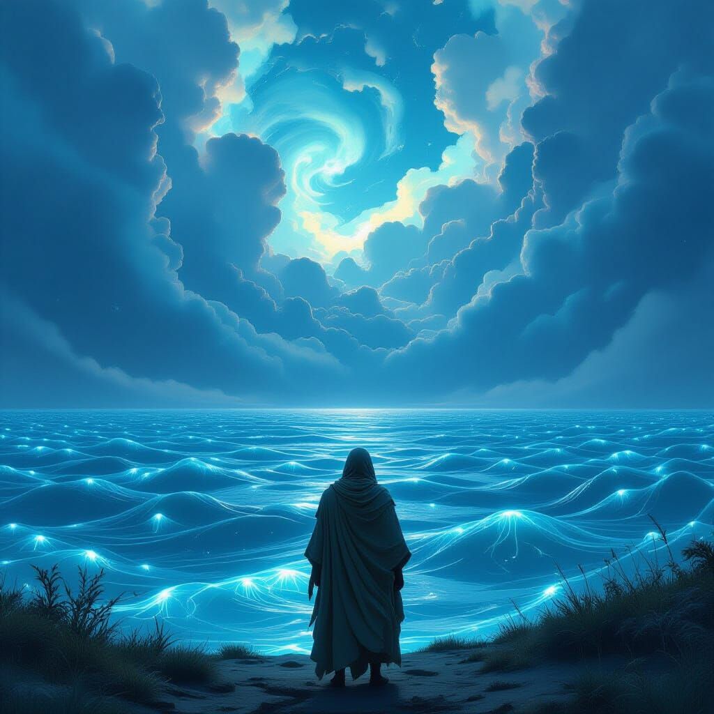 Bioluminescent Kelp Ocean with Lone Traveler