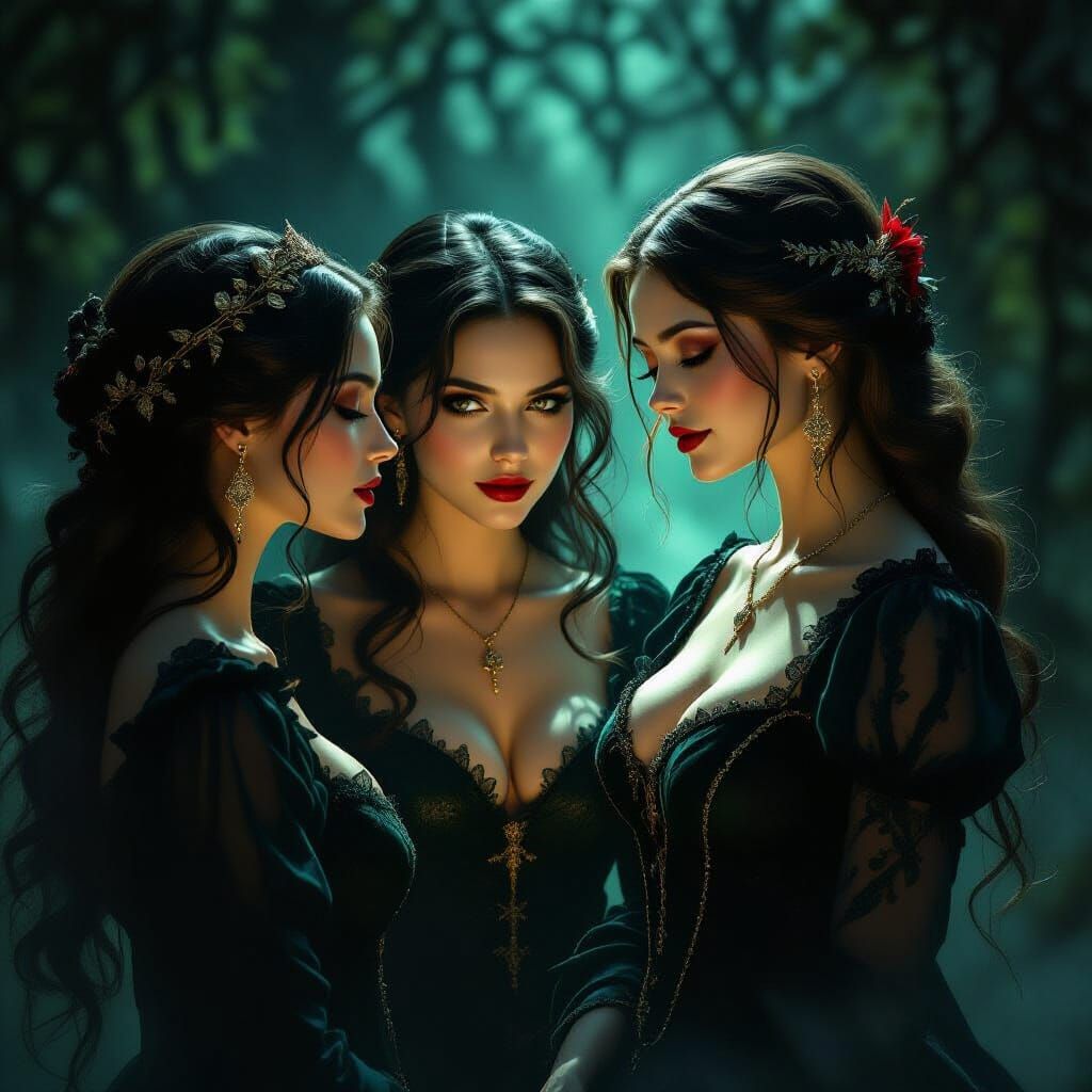 Gothic Night Scene: Malicious Women and a Serene Figure