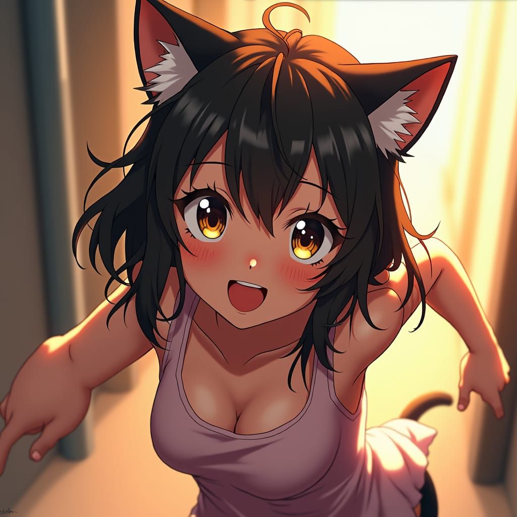 Anime Cat Girl with Fluffy Ears in Studio Trigger Style